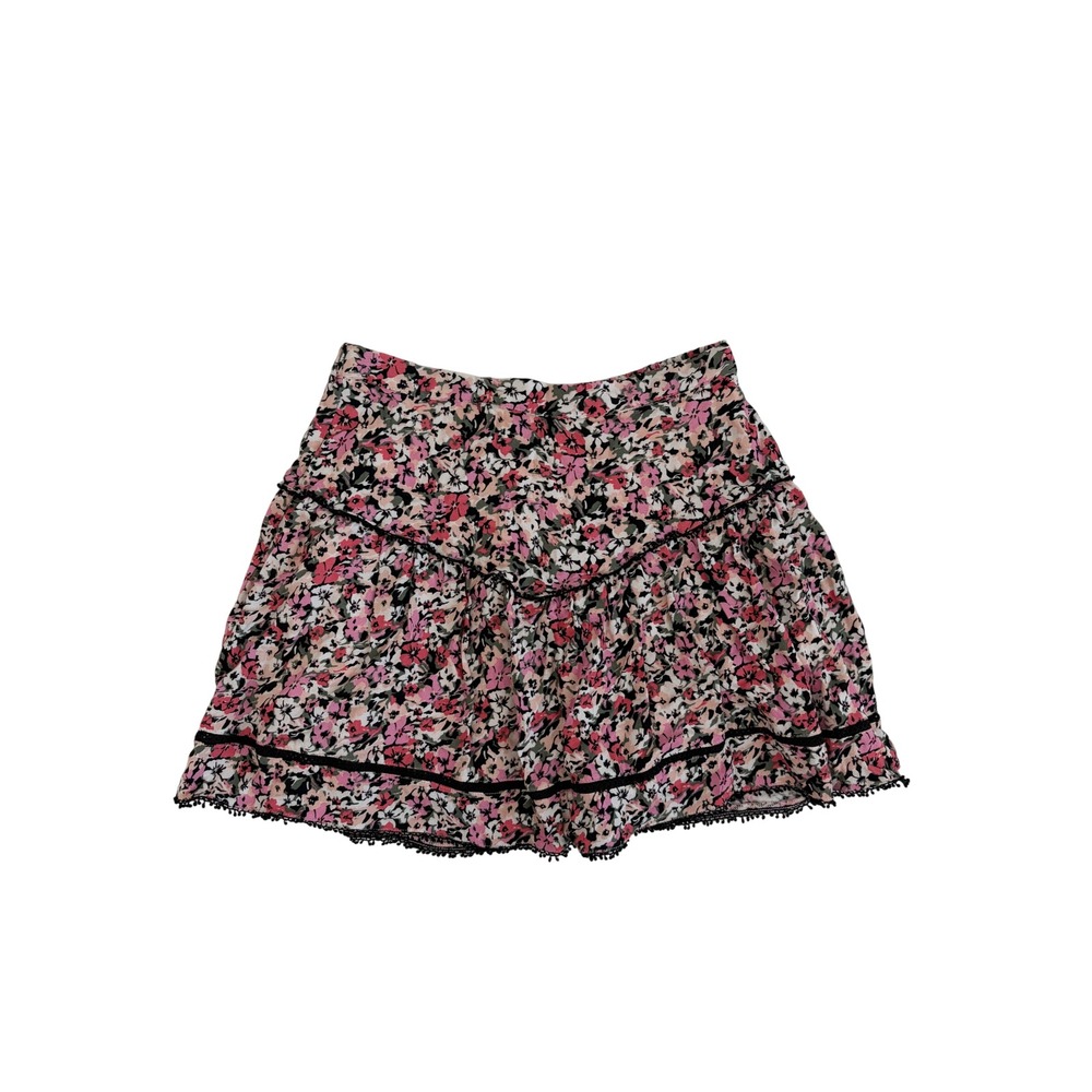 Minkpink Pink Floral Tiered Ruffle Mini Skirt Lace Trim Pom Pom Hem Womens S